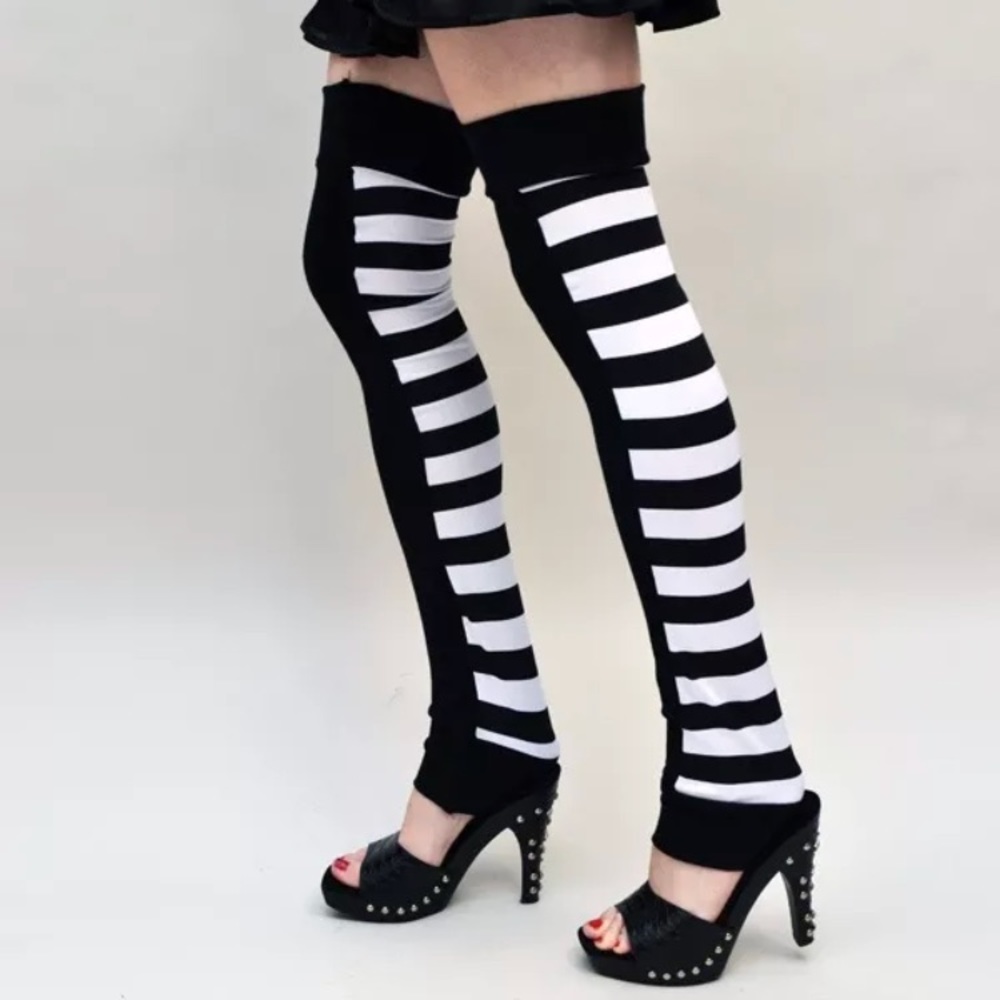 Long White and Black Striped Leg Warmers Leggings Aerial Silks Circus Socks Psy